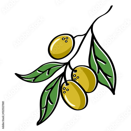 Olive Branch Illustration: A vibrant illustration showcasing an olive branch, with its green leaves and ripe olives. Ideal for conveying themes of peace, abundance, and Mediterranean culture.