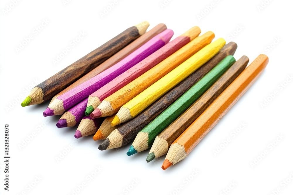 Colorful, well-used pencils arranged on white background. Colorful, well-used pencils arranged on white background.