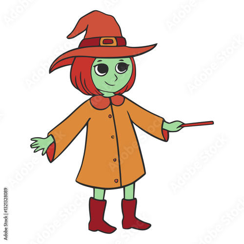 Whimsical Witch: A playful illustration of a witch, radiating joy, decked in a vibrant outfit, her presence evoking a sense of fantasy and wonder.