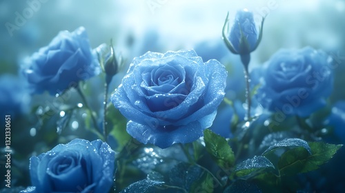 Fototapeta Naklejka Na Ścianę i Meble -  Vibrant deep blue roses with frost-tipped petals and emerald green stems bloom in a mystical, dew-kissed arrangement against a minimalist pale background, with a dark turquoise and royal blue gradient