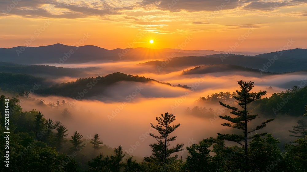 Naklejka premium Golden sunset light bathes misty mountain landscape, with amber fog flowing between peaks, warm gradient sky, and ethereal cloud sea in cinematic, minimalist scene of dramatic beauty.