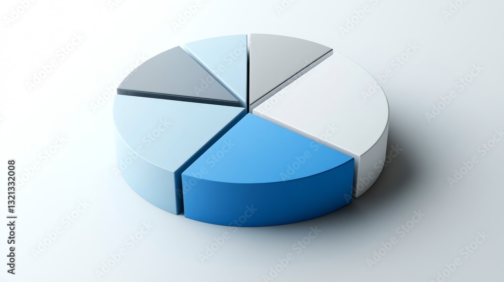 Obraz premium Elegant D pie chart with blue, gray, and white sections, perfect for financial analysis.