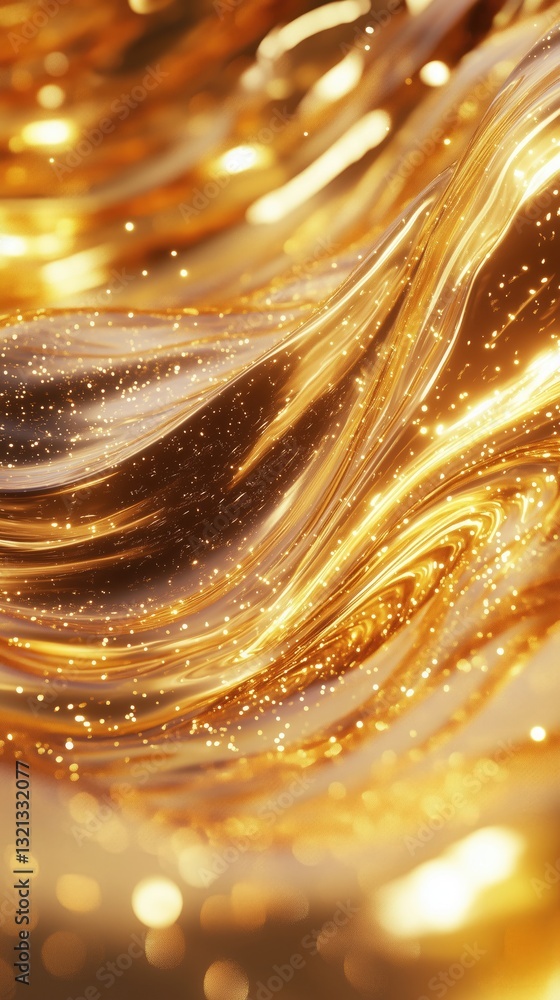 Shimmering golden waves with sparkling particles in abstract liquid motion Shimmering golden waves with sparkling particles in abstract liquid motion