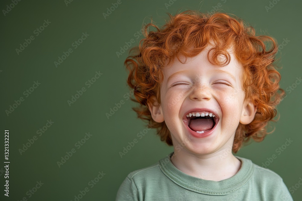A red haired child boy with curly hair laughing loud isolated over green background. A red haired child boy with curly hair laughing loud isolated over green background.