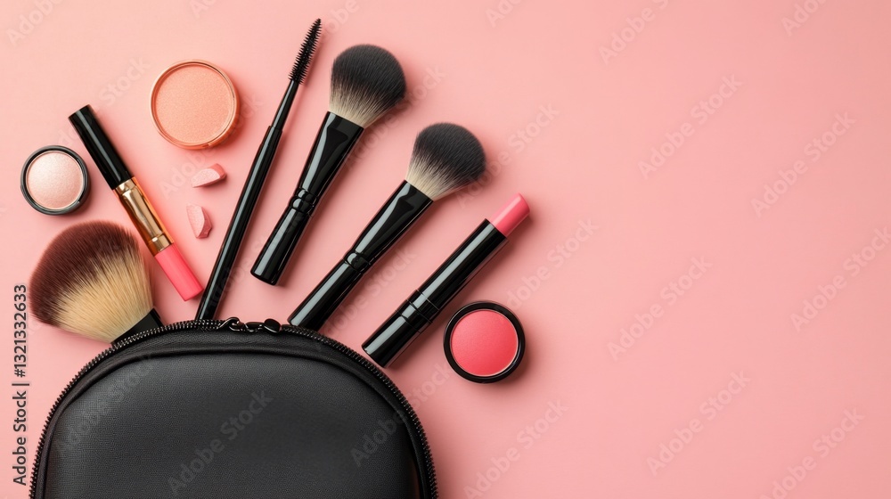 Top view of a chic makeup bag with scattered makeup items such as eyeliner, blush, and brushes, isolated on a minimalist background. Top view of a chic makeup bag with scattered makeup items such as eyeliner, blush, and brushes, isolated on a minimalist background.