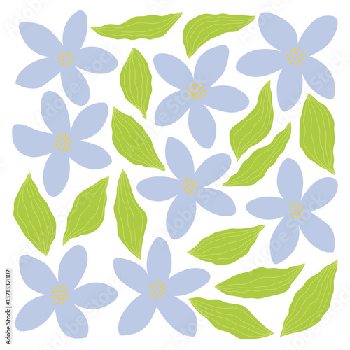 Abstract square flowers poster in minimalist style. Modern botanical print with hand drawn jasmine and leaves. 