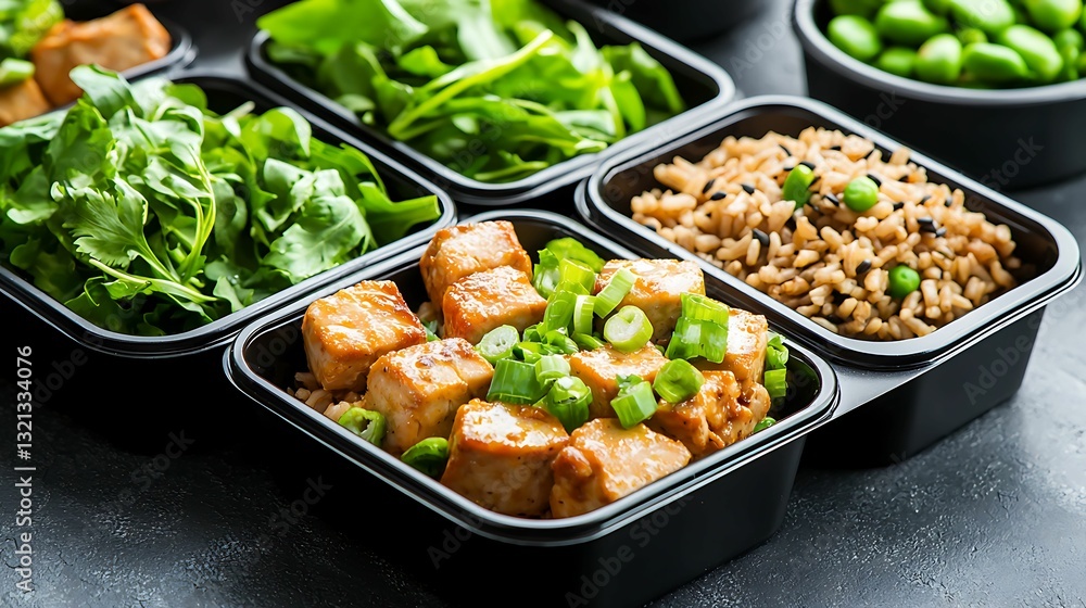 A vibrant assortment of healthy meal components, including greens, tofu, and grains, neatly arranged in black containers. A vibrant assortment of healthy meal components, including greens, tofu, and grains, neatly arranged in black containers.