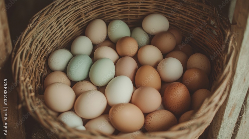 Basket filled with eggs. the basket is made of woven straw and is placed on a wooden surface. the eggs are of different colors - white, light blue, brown, and light brown. Basket filled with eggs. the basket is made of woven straw and is placed on a wooden surface. the eggs are of different colors - white, light blue, brown, and light brown.