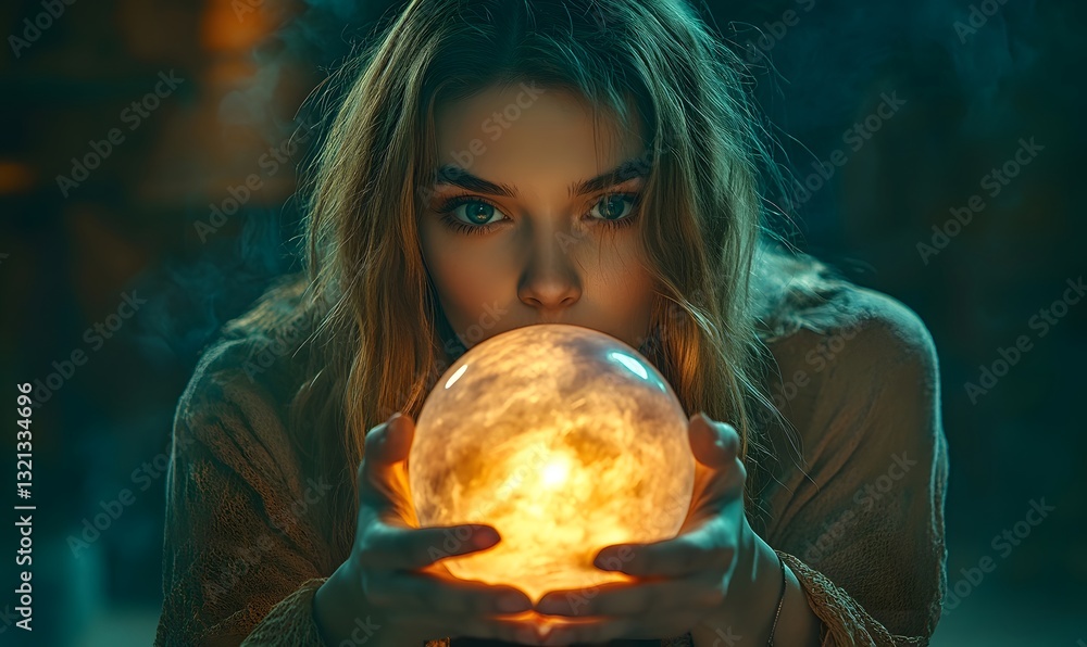 Naklejka premium a woman holding a glowing orb.