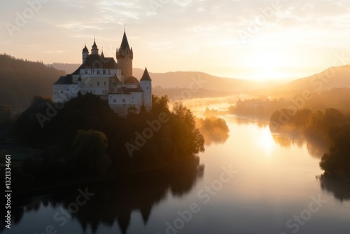 Wallpaper Mural Majestic castle overlooking a serene river at sunrise in a tranquil landscape Torontodigital.ca