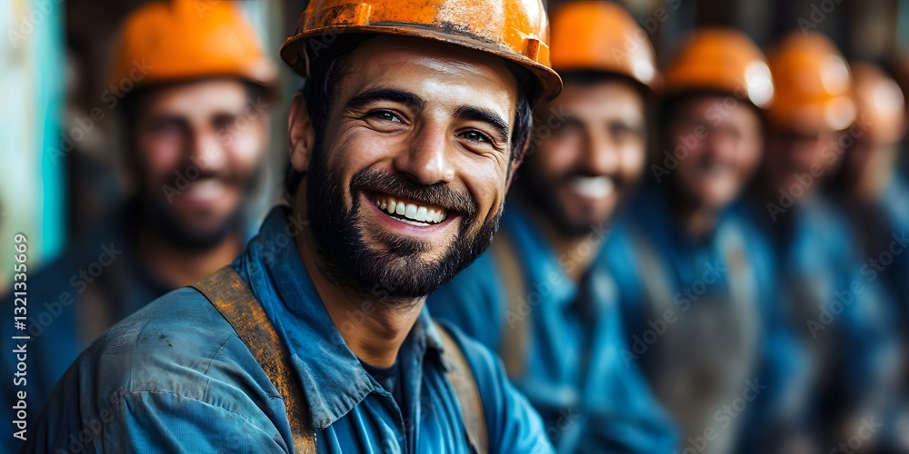 a group of construction workers in their work attire, smiling at the camera. a group of construction workers in their work attire, smiling at the camera.