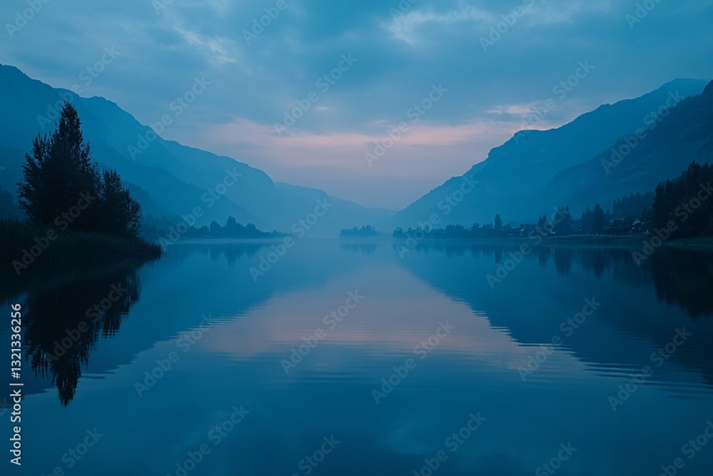 Naklejka premium Serene Mountain Lake at Dusk, Reflections on Tranquil Waterscape