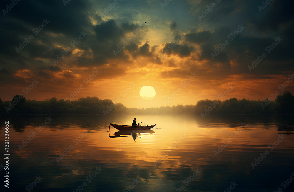 Fototapeta premium Large Body of Water with a Small Boat Floating in It