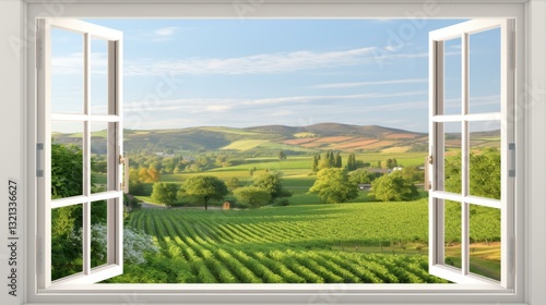 Scenic Vineyard View Through Open Window Frames Landscape Farm Agriculture Blue Sky Countryside
