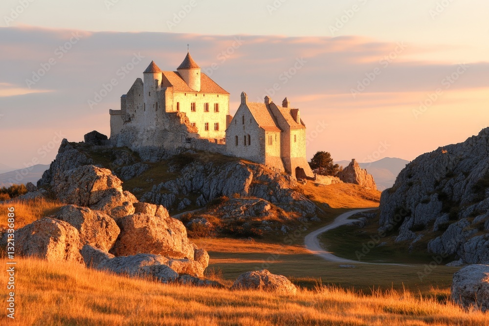 Obraz premium Elegant castle perched on a rocky hill during sunset in a serene landscape