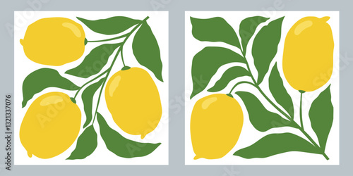 Set of square fruit posters in minimalist style. Modern botanical print with hand drawn lemons and leaves. 