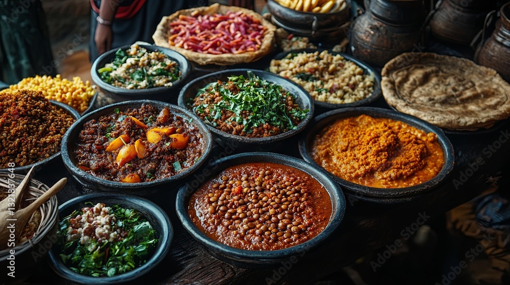 A shared meal served on injera with stews and lentils in Ethiopia A shared meal served on injera with stews and lentils in Ethiopia