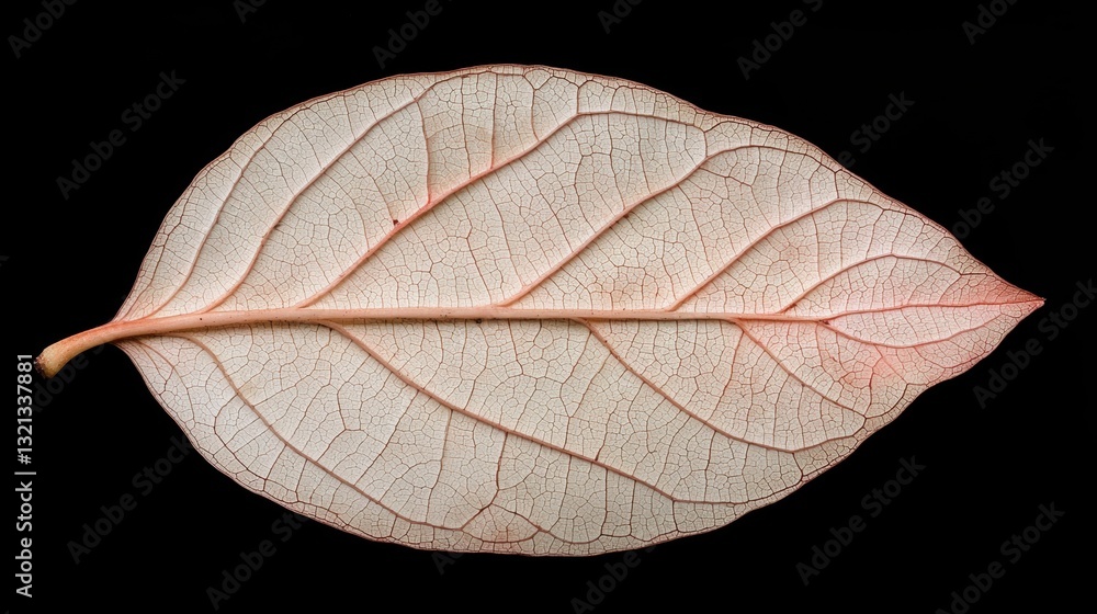 Fototapeta premium Close-up of a single leaf. the leaf is elongated and has a pointed tip. the veins of the leaf are visible, and they are arranged in a radial pattern.