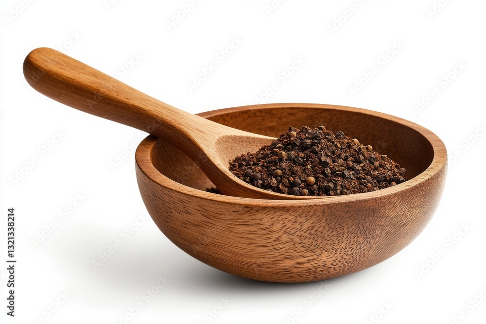 A wooden bowl filled with ground black pepper and a wooden spoon A wooden bowl filled with ground black pepper and a wooden spoon