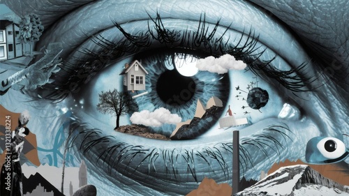 A surreal digital collage featuring a large eye with dreamlike elements inside—floating houses, trees, clouds, and abstract objects. The composition symbolizes imagination, consciousness, surrealism.