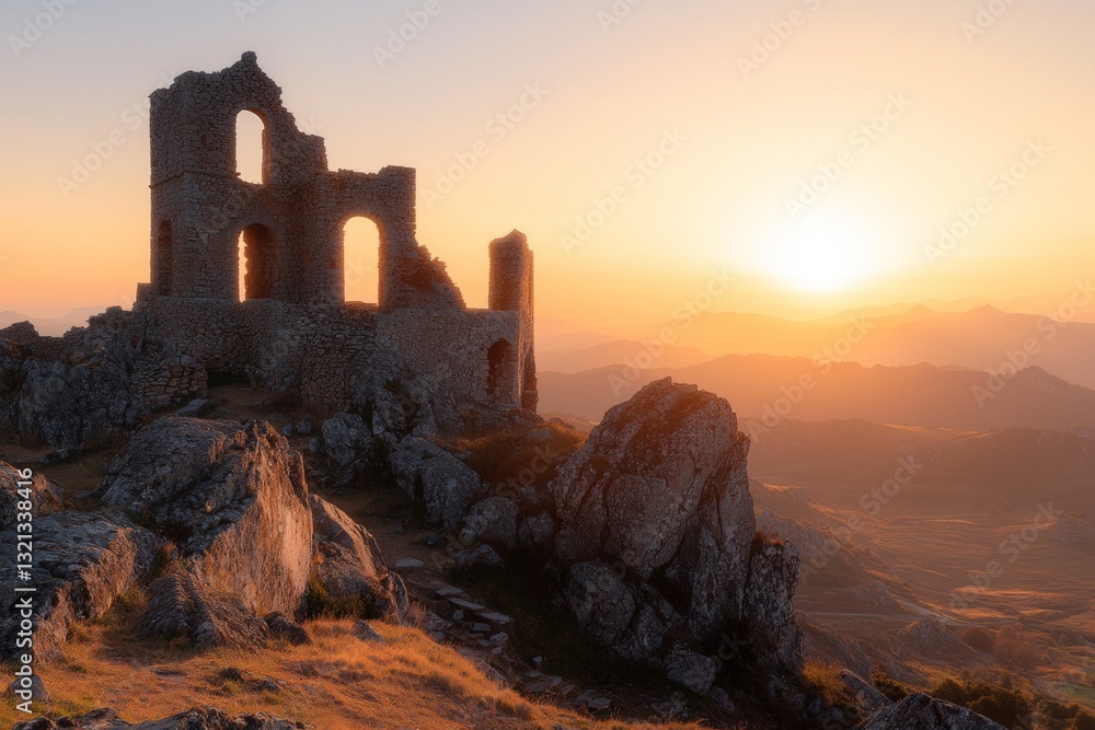 Fototapeta premium Ruins of an ancient fortress at sunset over a mountainous landscape in a serene setting