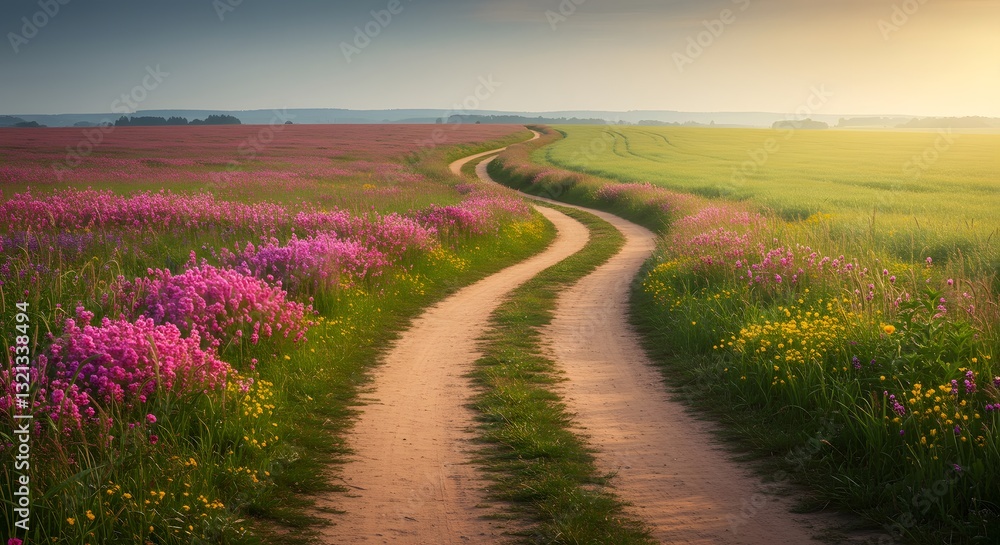 Naklejka premium Winding Dirt Road Through Field of Wildflowers: Spring Landscape with Green Grass, Pink and Yellow Flowers, Rural Countryside Scene