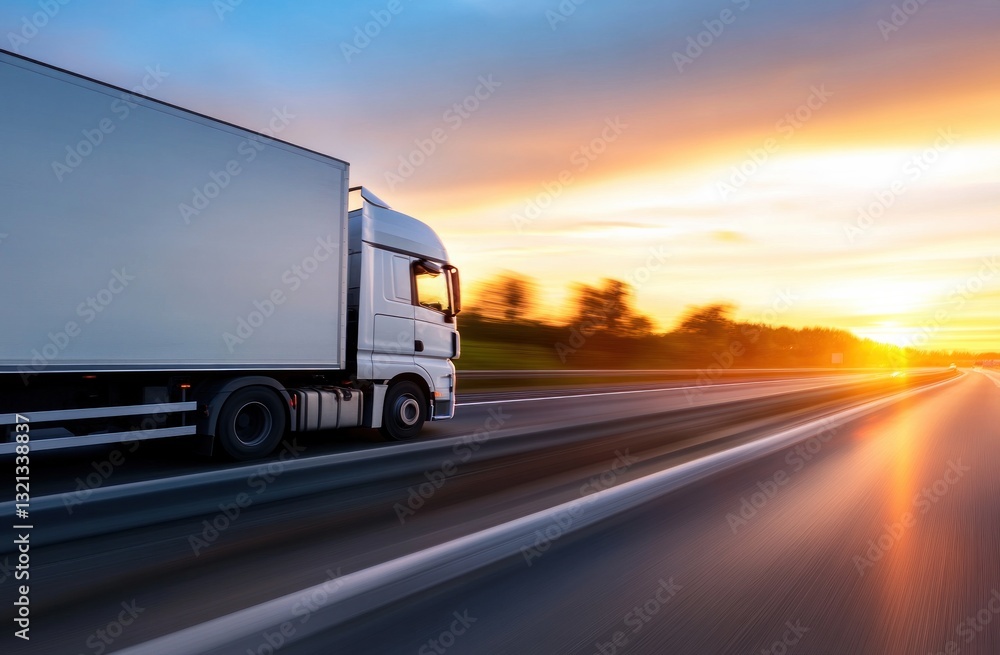 White truck on highway at sunset speeding with motion blur in vibrant landscape. White truck on highway at sunset speeding with motion blur in vibrant landscape.