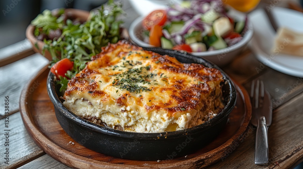 A dish of moussaka accompanied by a side of Greek salad in Greece A dish of moussaka accompanied by a side of Greek salad in Greece