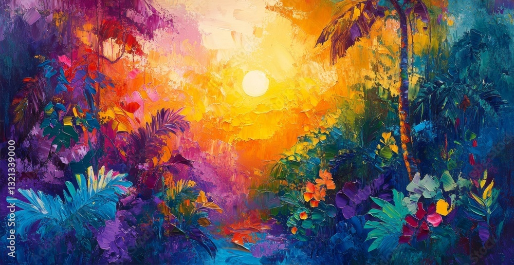 Obraz premium Vibrant Sunset Over Tropical Rainforest Painting Artwork