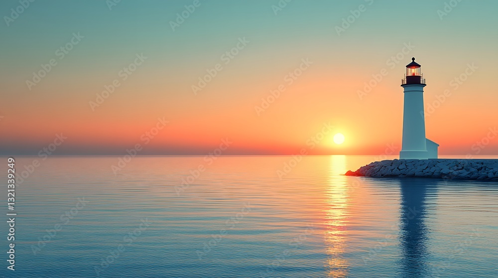 Serene lighthouse at dawn glows in soft golden sunrise over calm ocean, with white tower and cottage on right, misty atmosphere, and gentle orange-blue sky over smooth water surface. Serene lighthouse at dawn glows in soft golden sunrise over calm ocean, with white tower and cottage on right, misty atmosphere, and gentle orange-blue sky over smooth water surface.
