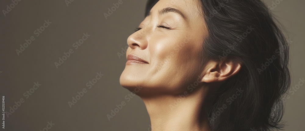 A woman with a smile on her face is looking up at the sky A woman with a smile on her face is looking up at the sky