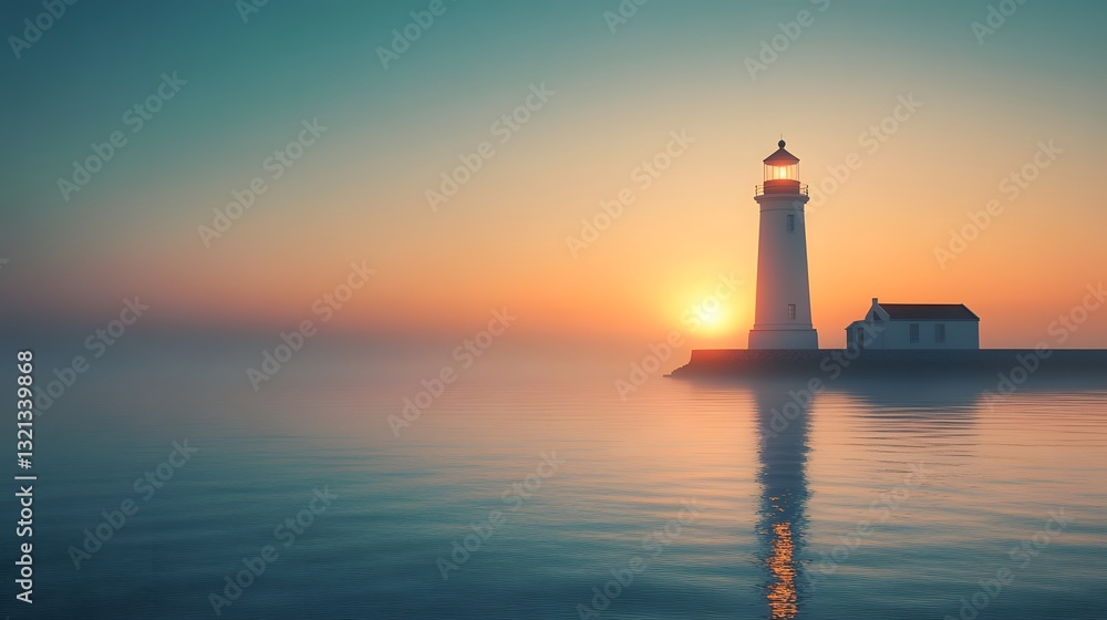 Serene lighthouse at dawn glows in soft golden sunrise over calm ocean, with white tower and cottage on right, misty atmosphere, and gentle orange-blue sky over smooth water surface. Serene lighthouse at dawn glows in soft golden sunrise over calm ocean, with white tower and cottage on right, misty atmosphere, and gentle orange-blue sky over smooth water surface.