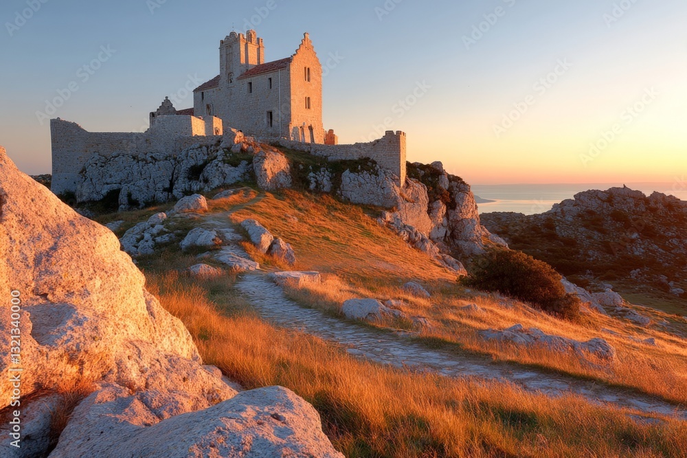 Fototapeta premium Historic castle overlooks a tranquil landscape at sunset near the coastline