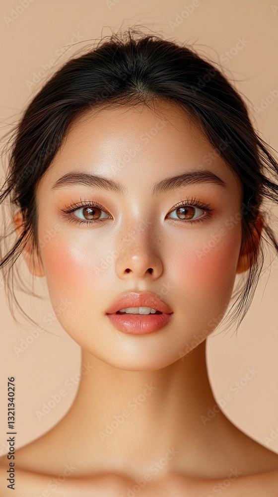 Naklejka premium A woman with a light pink lip color and a dark brown eye shadow
