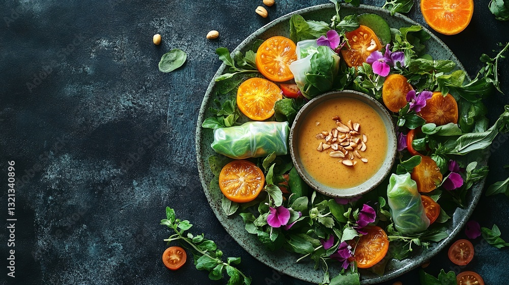 Vietnamese fresh spring rolls served with peanut dipping sauce Vietnamese fresh spring rolls served with peanut dipping sauce