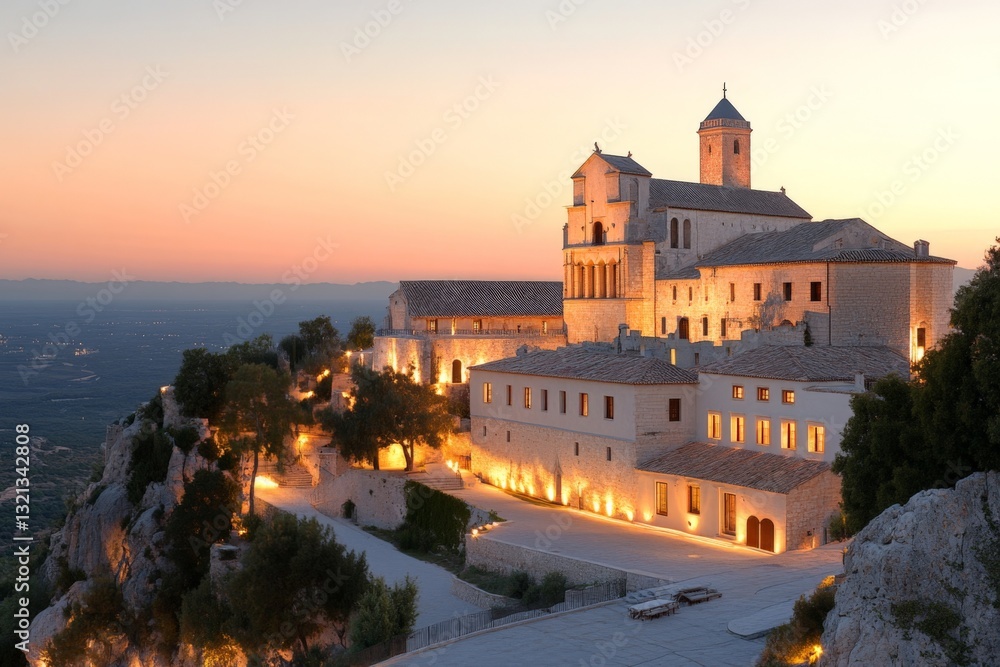 Naklejka premium Majestic medieval monastery illuminated at sunset overlooking a valley in Italy