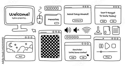 Computer windows and open dialog frames doodles, screen, folders and other pc user interface signs and symbols. Graphic vector design elements, hand drawn, black outline.