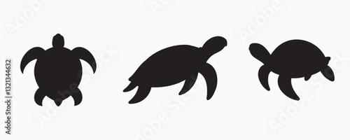 Black silhouettes of three sea turtles in different positions, symbolizing marine life, ocean conservation, and aquatic wildlife on a light background