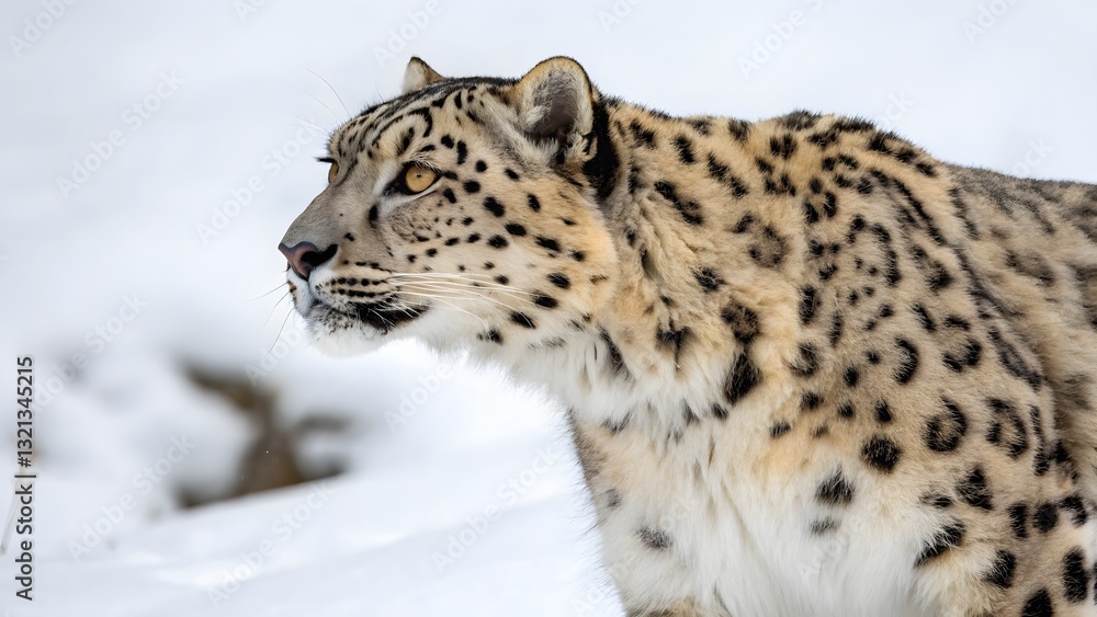 Naklejka premium Snow leopard resting in snowy mountain terrain. Side view of a snow leopard, Closeup shot. Created with Ai