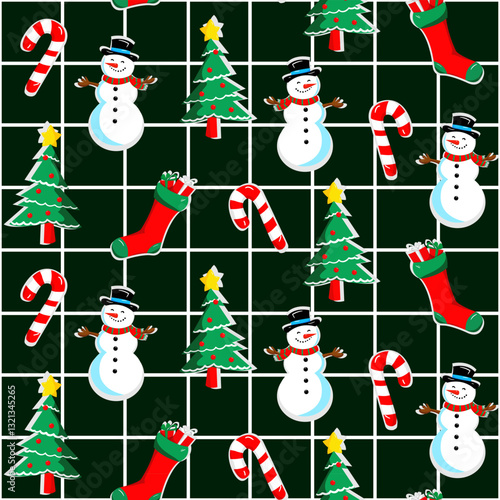 Seamless Christmas pattern in a cage of snowmen Christmas trees, candy canes, stockings, dark green background, festive design, texture for textiles and printing