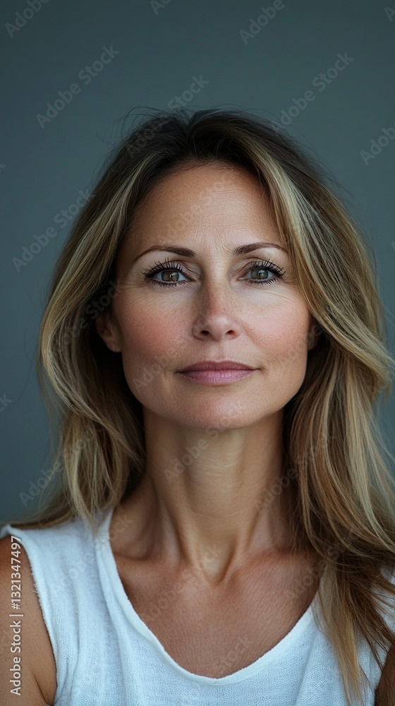 Naklejka premium A woman with long blonde hair and a white tank top is smiling