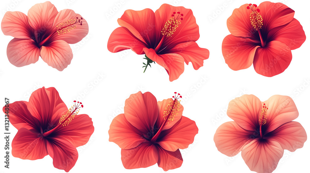 Obraz premium A set of bright red hibiscus flowers isolated on a transparent background