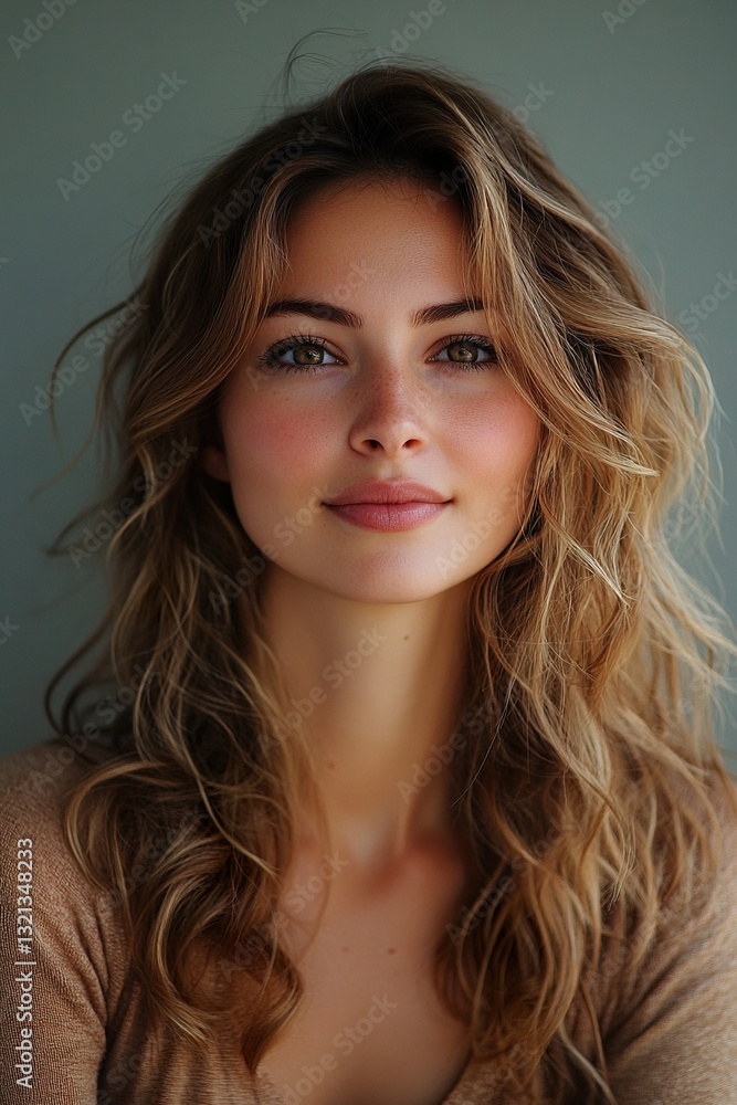 Fototapeta premium A woman with long brown hair and a tan shirt is smiling at the camera