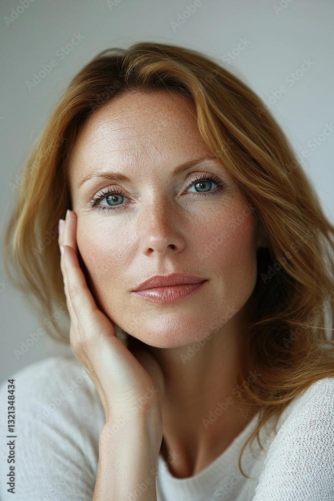 Naklejka premium A woman with brown hair and blue eyes is posing for a picture