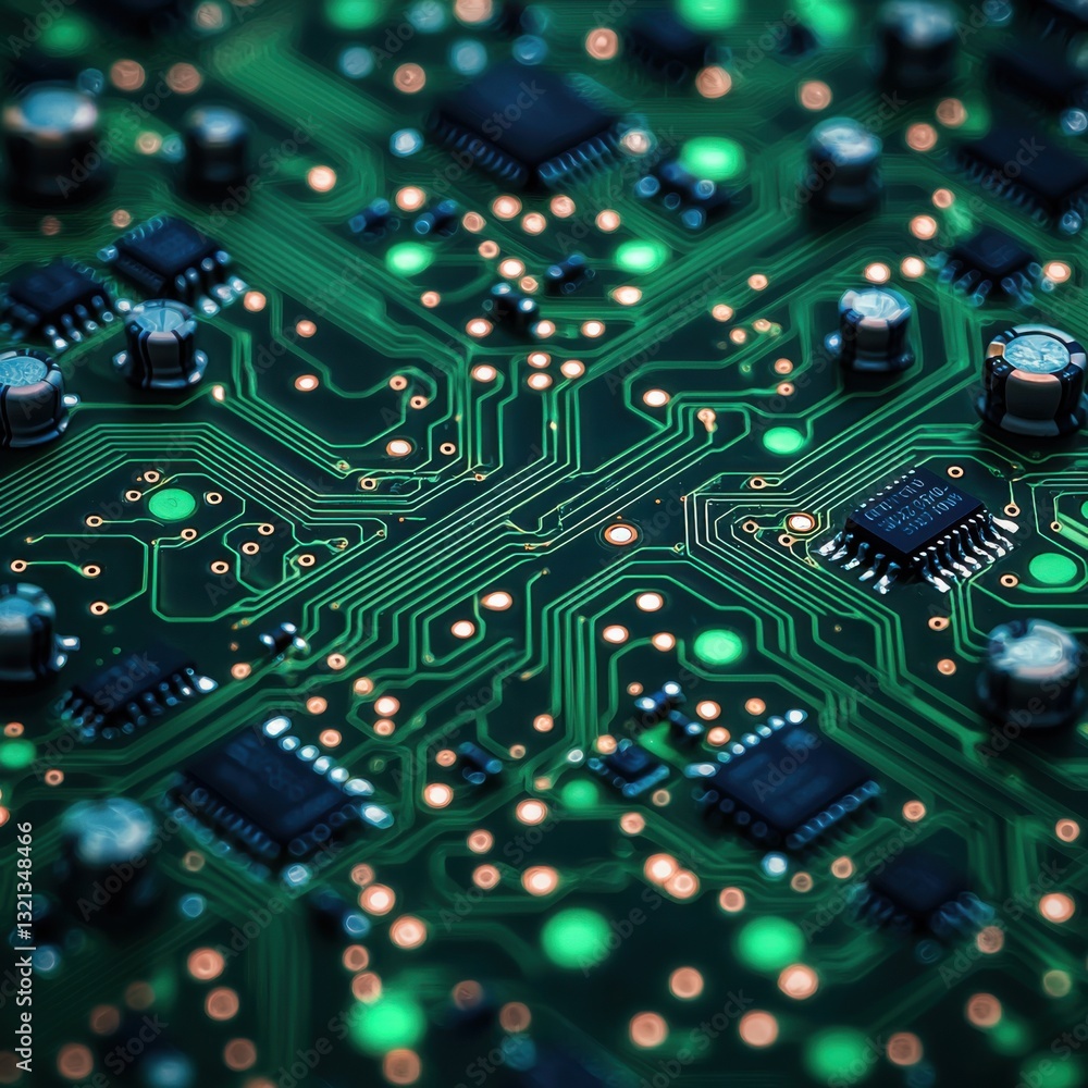Detailed close-up of a complex circuit board featuring various electronic components Detailed close-up of a complex circuit board featuring various electronic components