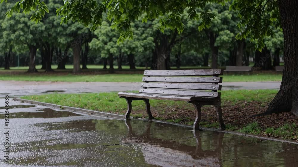 Rainwater-soaked wooden bench resting in empty city park, reflecting muted tones of solitude and quiet tranquility after rainfall Rainwater-soaked wooden bench resting in empty city park, reflecting muted tones of solitude and quiet tranquility after rainfall