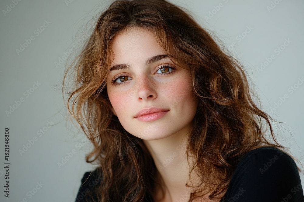 A woman with brown hair and a red nose is smiling A woman with brown hair and a red nose is smiling