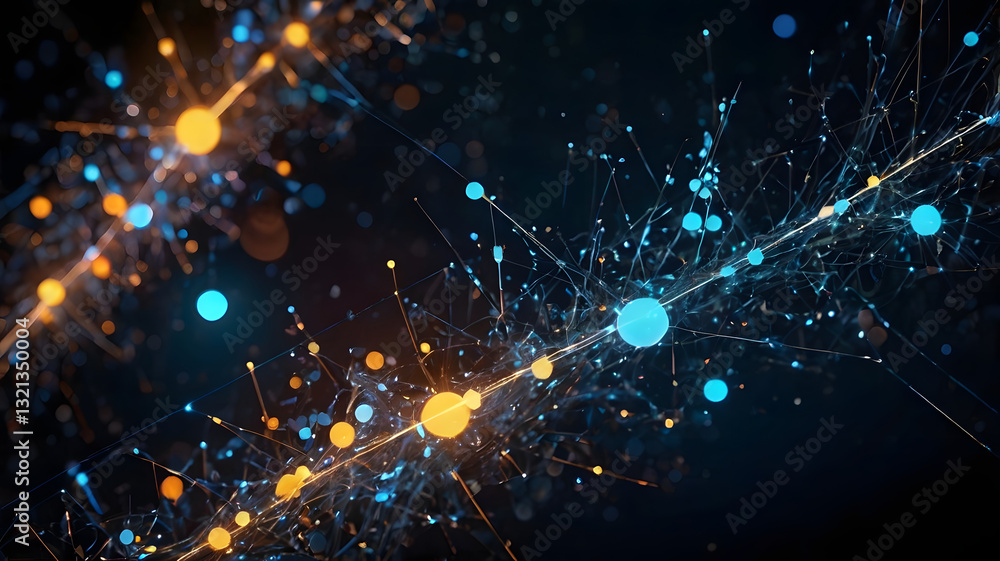 Fototapeta premium Illuminating Connections: A vibrant display of interconnected nodes and pathways glows in a digital abstraction of networking and data flow