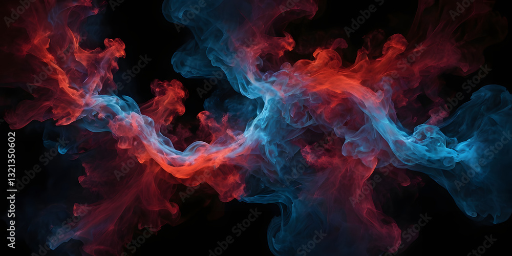 Cosmic Dance: A mesmerizing abstract rendering of vibrant swirling smoke in vivid shades of red and blue. The smoke undulates against the black background, creating a captivating and ethereal display. Cosmic Dance: A mesmerizing abstract rendering of vibrant swirling smoke in vivid shades of red and blue. The smoke undulates against the black background, creating a captivating and ethereal display.