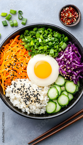Rice bowl with egg shredded carrots cucumber red cabbage and green onions